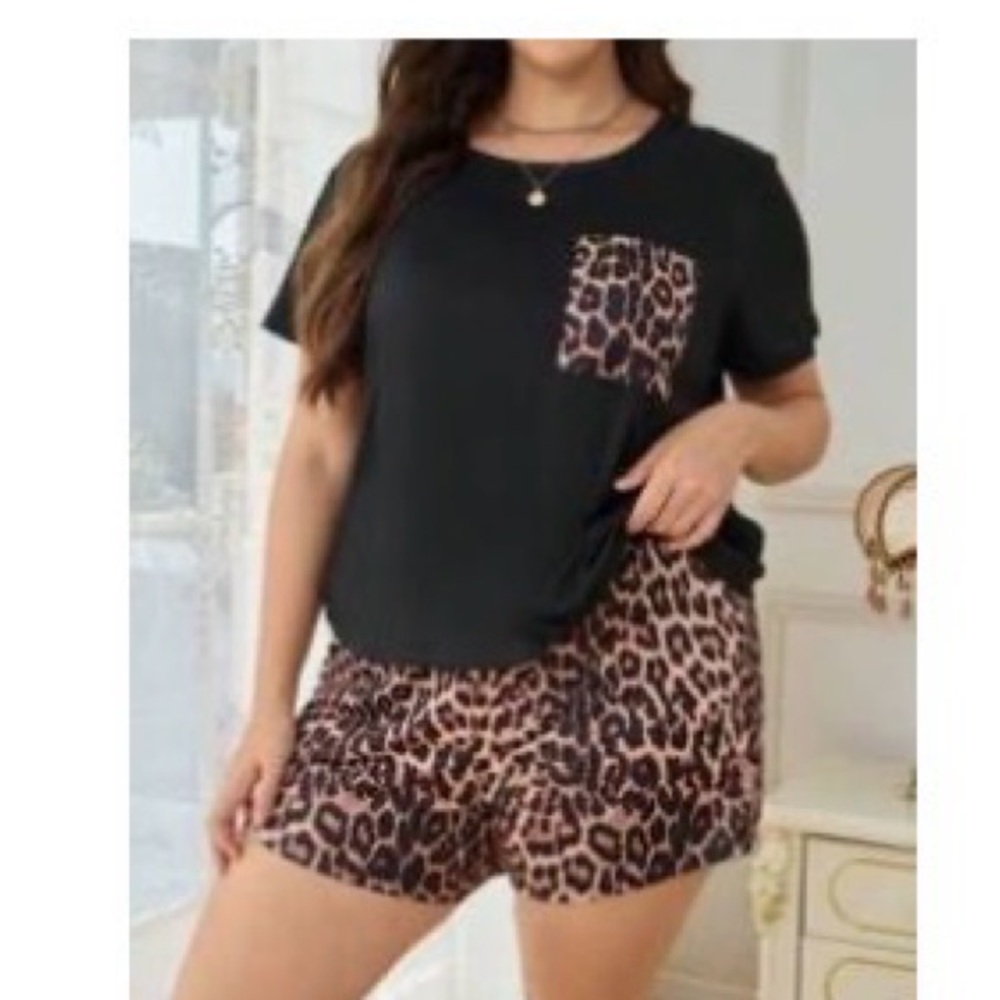 SHEIN Black and Leopard Print Pajama Set